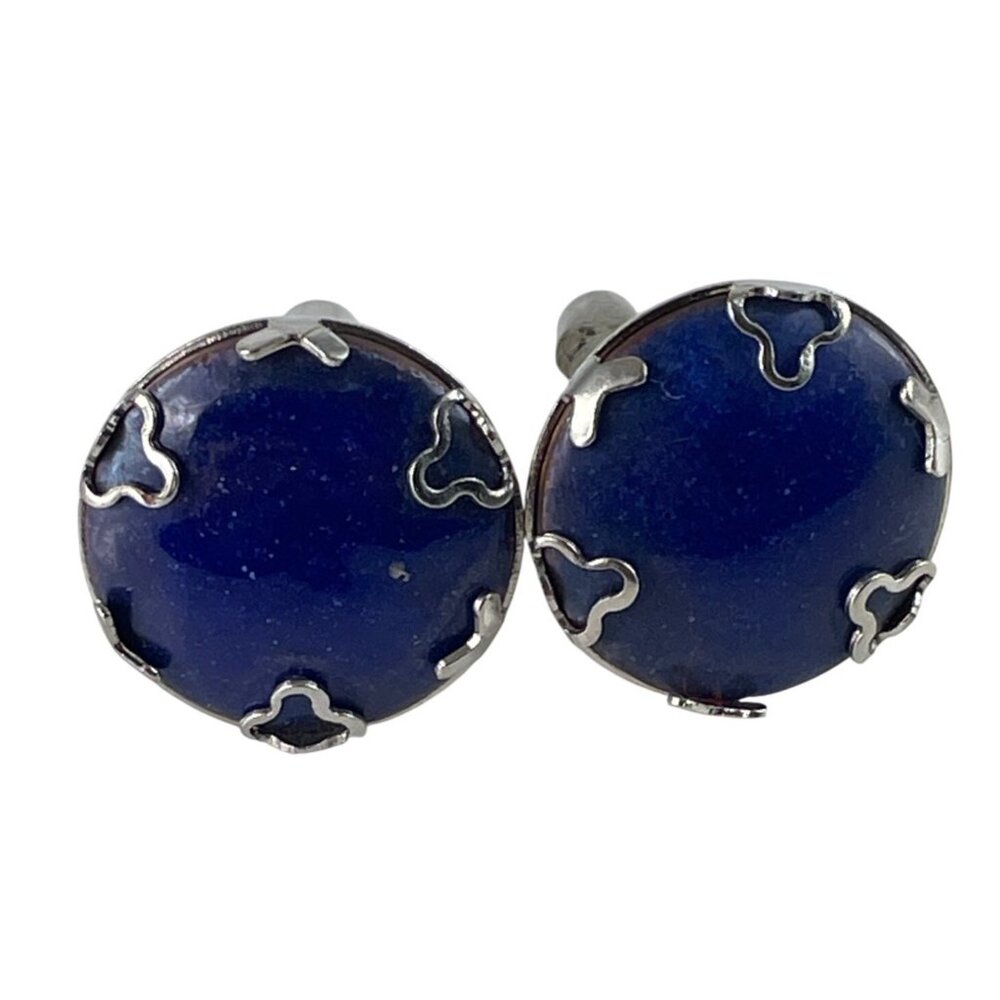 Vintage Silver-Plated Blue Stone Round Cufflinks